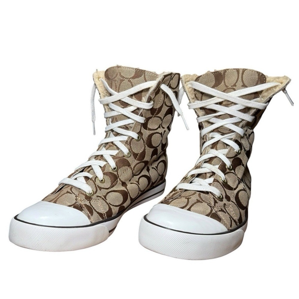 Coach Bonney Shearling Signature C High Top Sneakers Khaki Brown Women's 10B